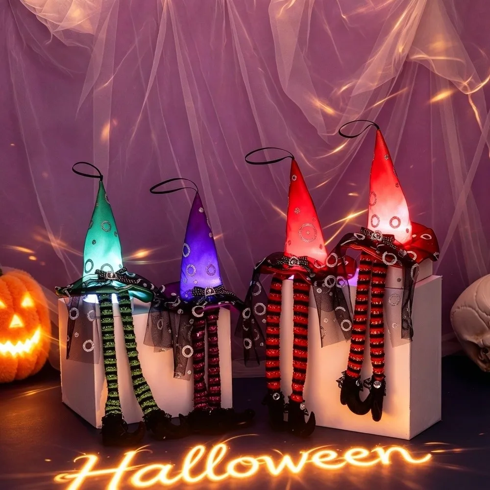 Glowing Long Leg Witch Hanging Ornament Striped Long Legs Curved Black Boots Halloween Witch Hat with Light Dark Style Spooky
