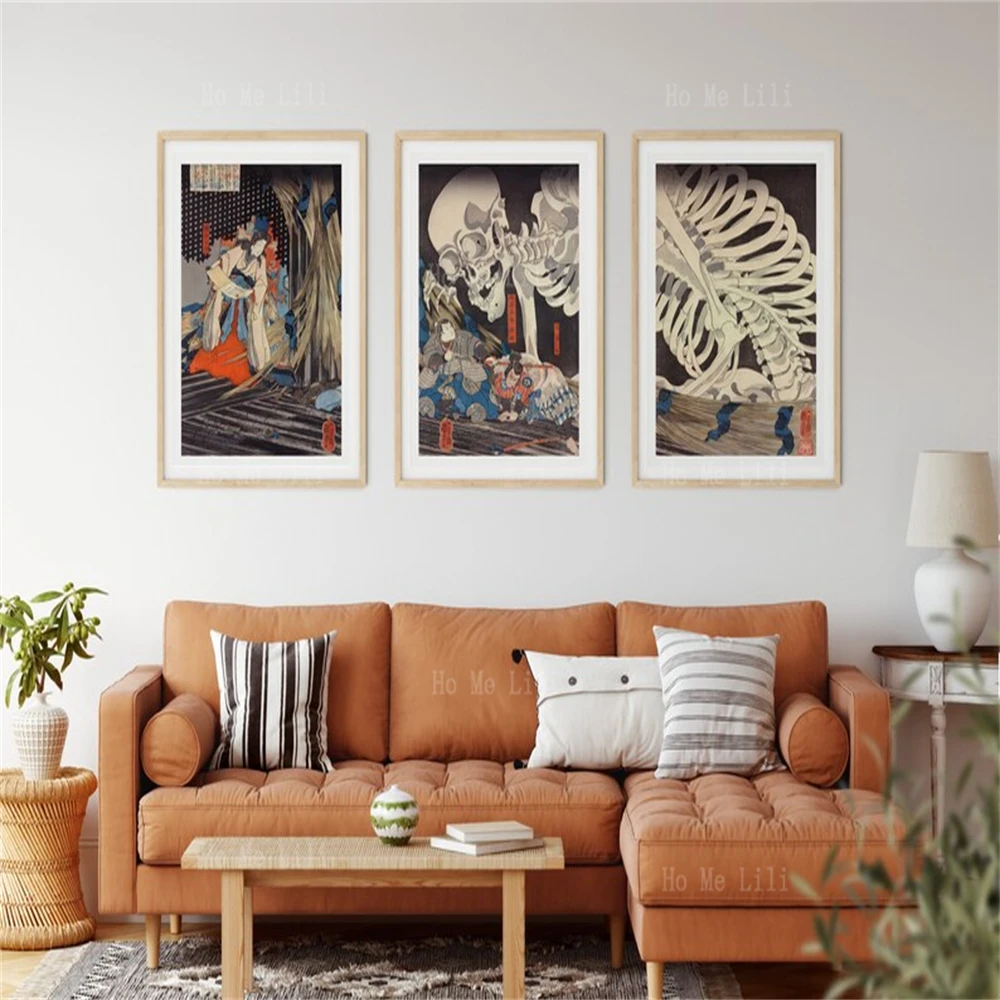 Skull Triptych Poster Retro Japanese Style Print Wall Decoration Triplet Painting