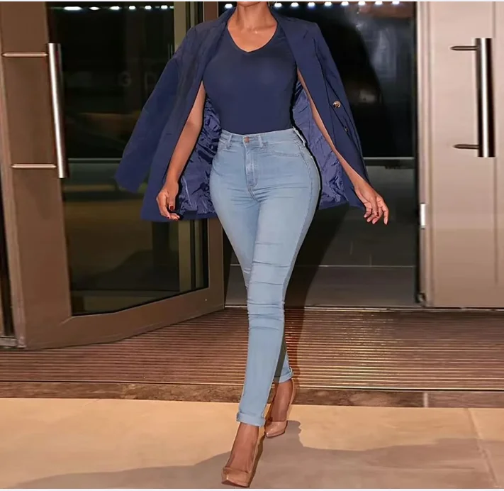 2026 New Stretch Skinny Denim Women's Jeans Mid Waist Pants Blue Retro Washed Elastic Slim Pencil Trousers