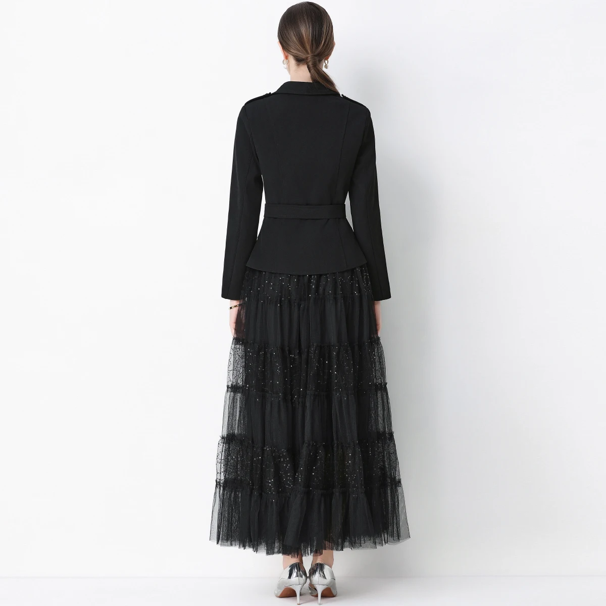 ZJYT 우아한 메쉬 롱 드레스 수트 재킷 2피스 세트 여성 의상 2026년 봄 신상 캐주얼 여성 세트 레드 블랙 파티