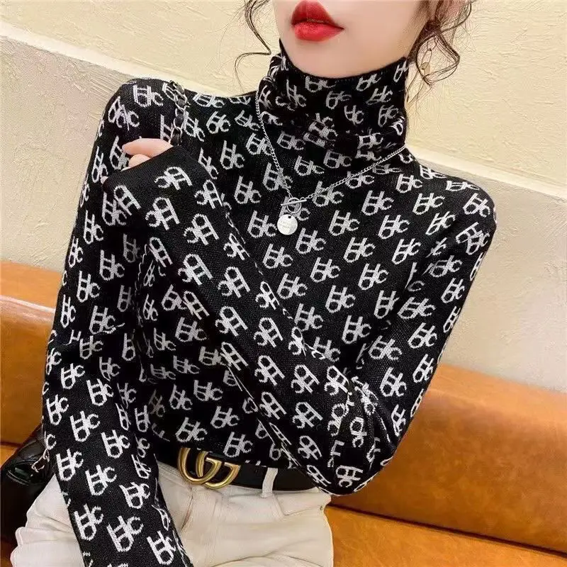 Autumn Winter Women's Pullover Turtleneck Gradient Plaid Stripe Solid Color Flocked Long Sleeve Sweater Knitted Casual Tops