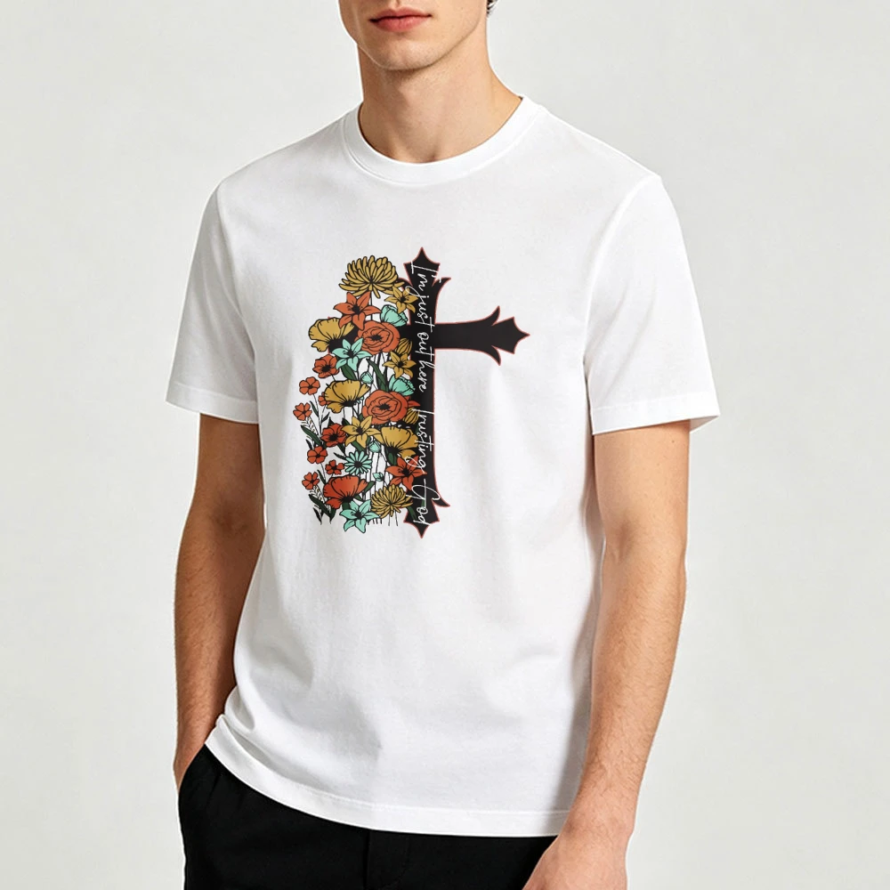 Hand Drawn Floral Vines Cross With Mixed Font Typography Print Men Crewneck T Shirt Elegant Religious Art Tee