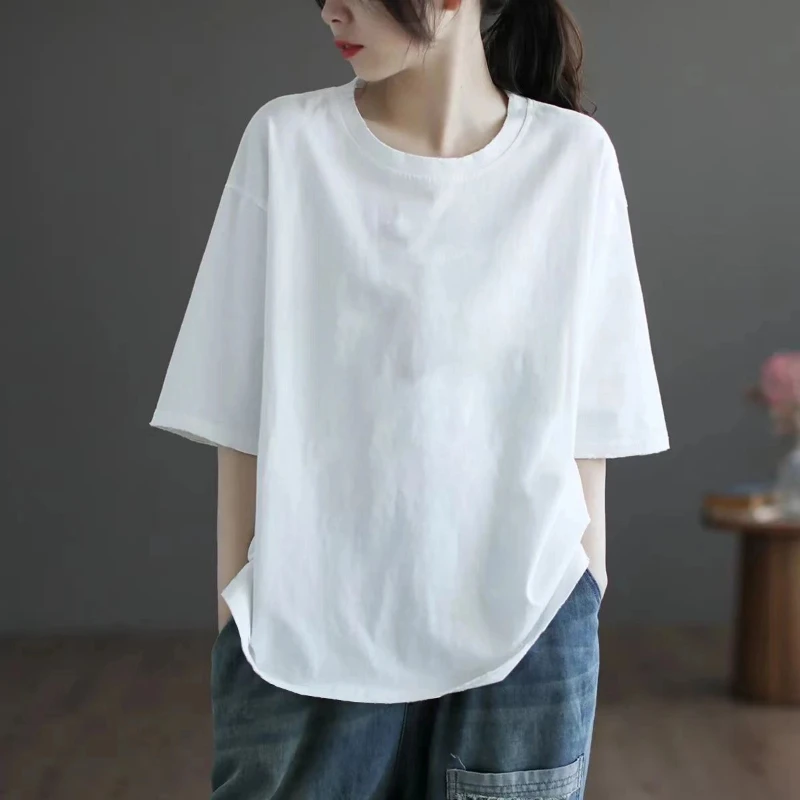 

Simplicity Plus Size Solid Street Casual Tops Summer Short Sleeve O-neck Loose Vintage T Shirts Harajuku Fashion Women Clothing