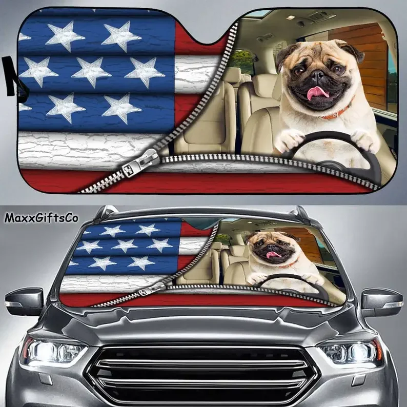 Pug Car Sun Shade, Pug Windshield, Dogs Sunshade, Dog Car Accessories, Car Decoration, Gift For Dad, Mom