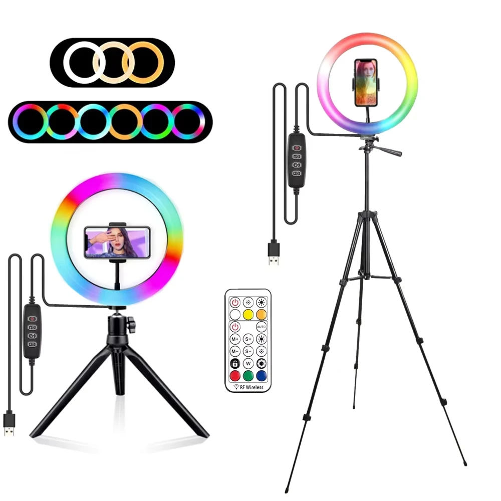 Ring Light LED RGB Redondo com Controle Remoto e Tripe