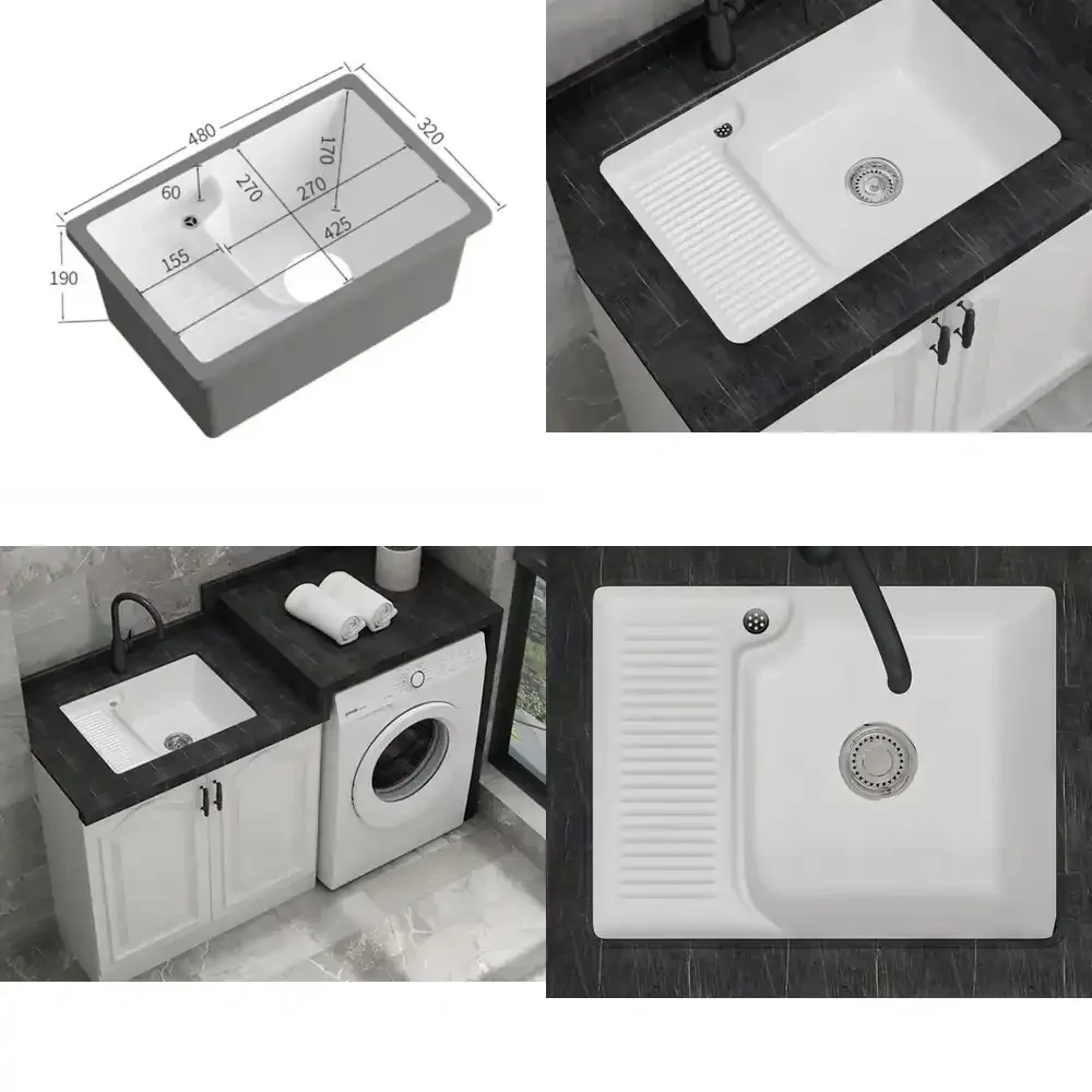2026 Hot Sale  Ceramic laundry basin with rubbing board laundry sink sink rectangular balcony under the counter basin laundry
