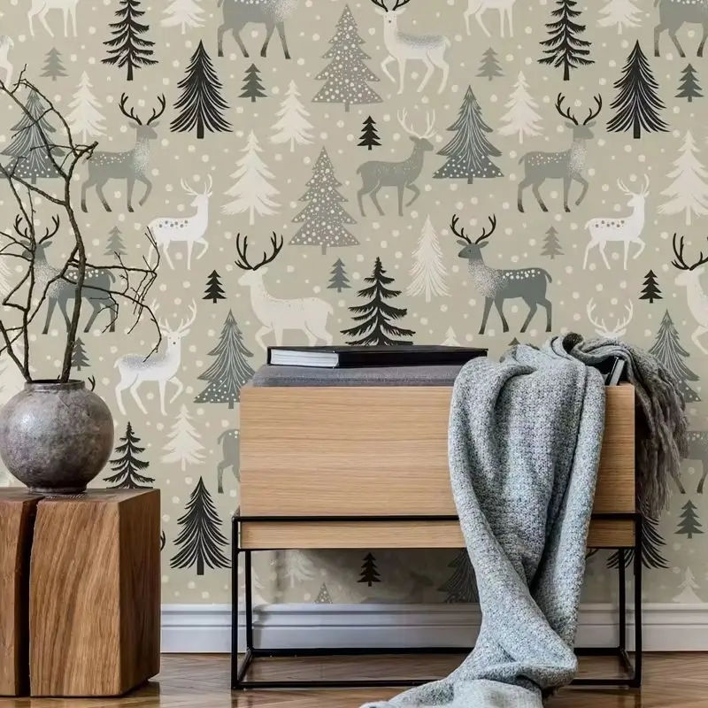 Scandinavian Winter Wallpaper Peel and Stick,Reindeer & Pine Tree Wall Mural,Grey & White Woodland Decor,Self Adhesive/Tradition