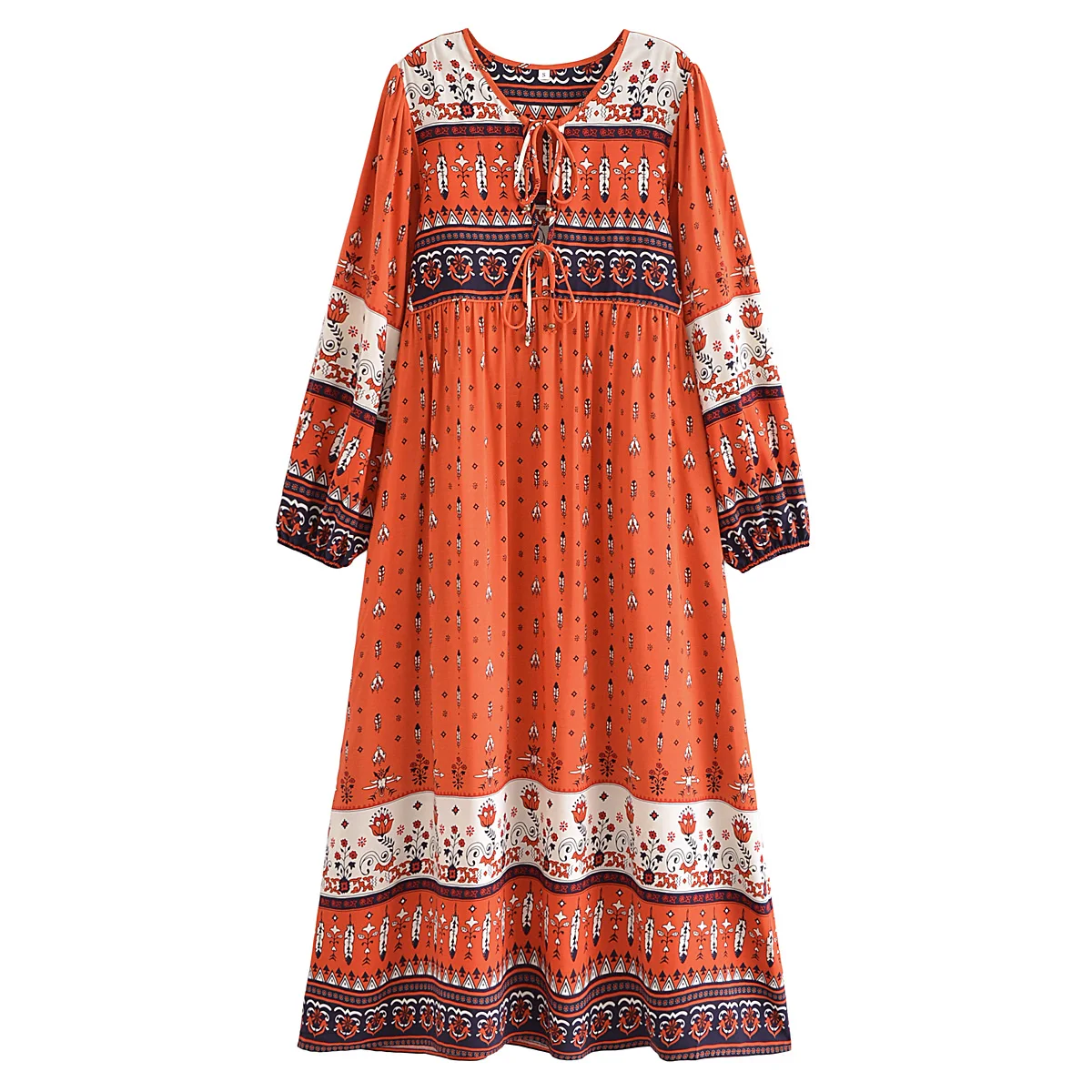 2023 BOHO Contrast Color Flower Print Bandage Lacing up Collar Midi Dress Woman Viscose Cotton Long Sleeve Maxi Robe Holiday