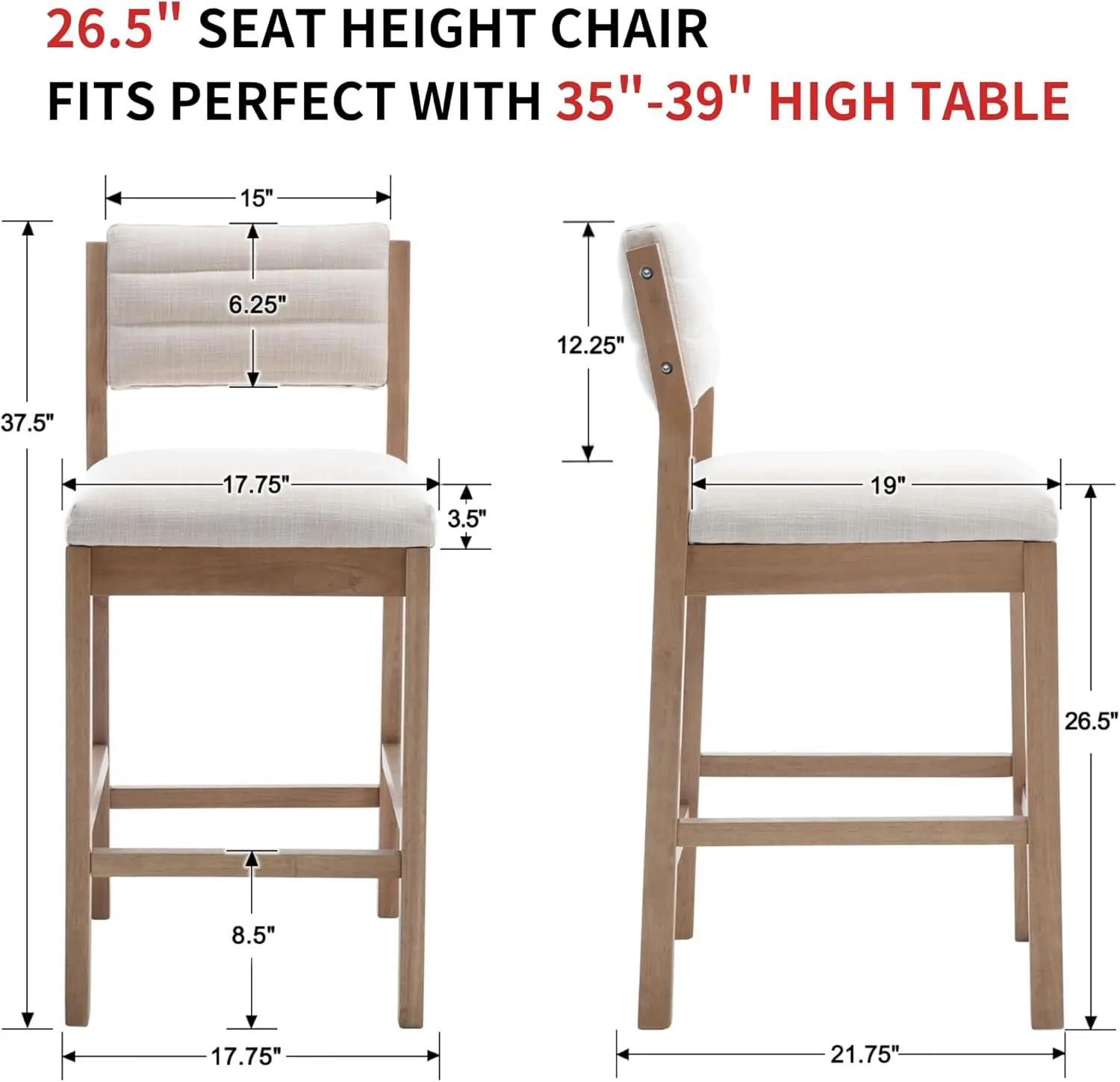 26' Counter Height Bar Stools Set of 2, Modern Upholstered with Back, Wood Legs, Beige Linen Farmhouse Kitchen Chairs