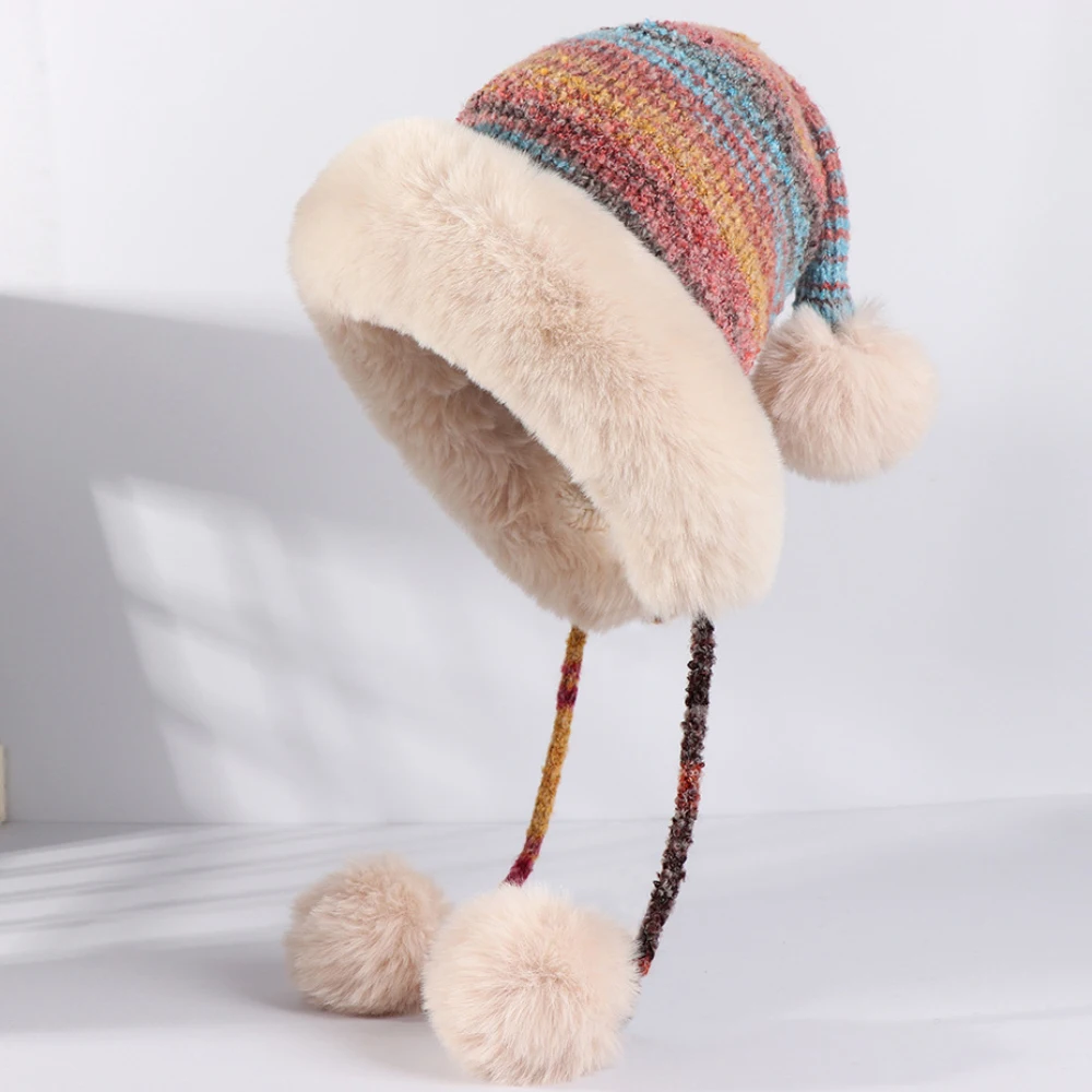 

HT4858 Beanie Hat Fleece Lined Thick Warm Autumn Winter Hat Women Rainbow Knitted Hat Female Cute Fur Pompoms Skullies Beanies
