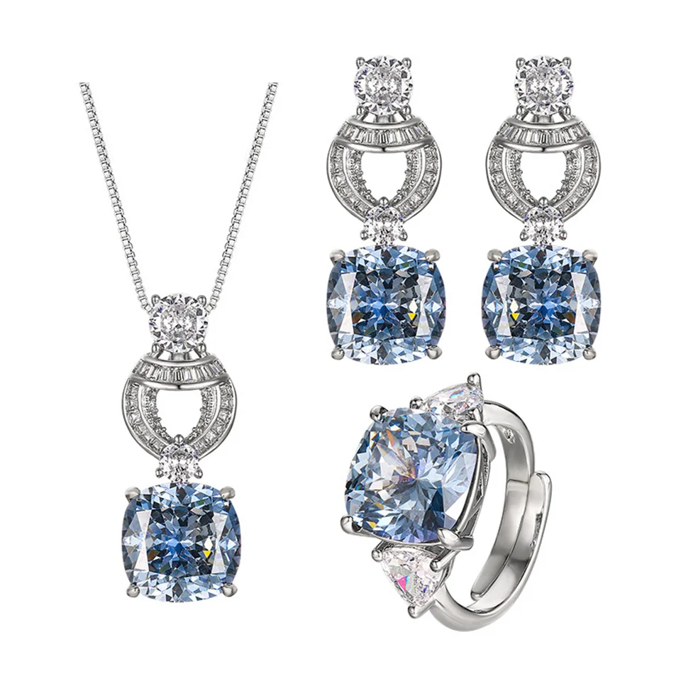 

Niche Bird's Nest Cut Nordic Blue Retro Temperament Set Main Stone 12*12 Blue Square Gemstone Ring Necklace Earring Jewelry Set