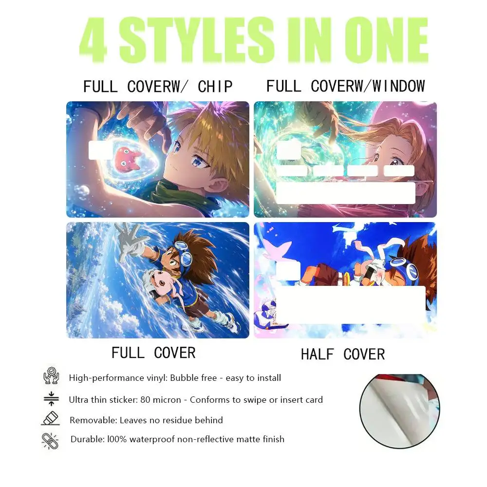 Cute Digimon Adventure  4pcs 1Set HD Waterproof Card Skins Protective Stickers for Credit Bank Game Cards