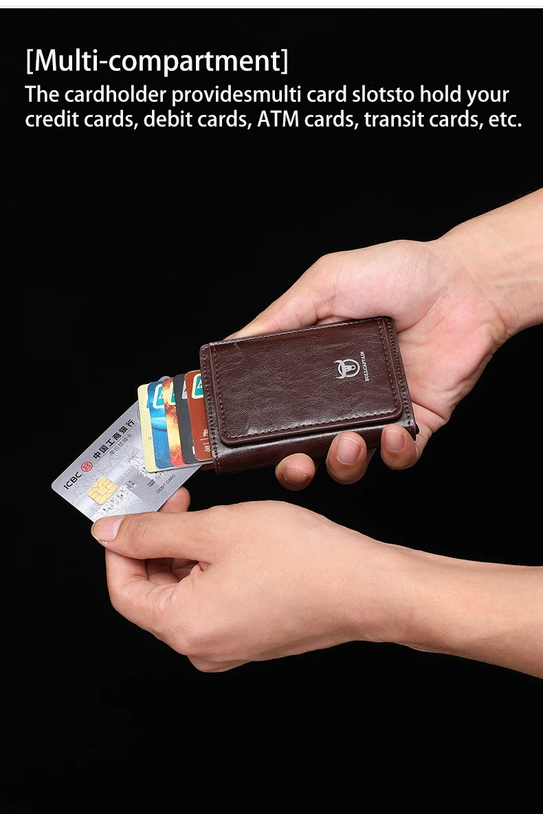 Bullcaptain Credit Card Holder Men Wallet RFID Blocking Protected Aluminium Box Leather Wallets with Money Clip Card Holder