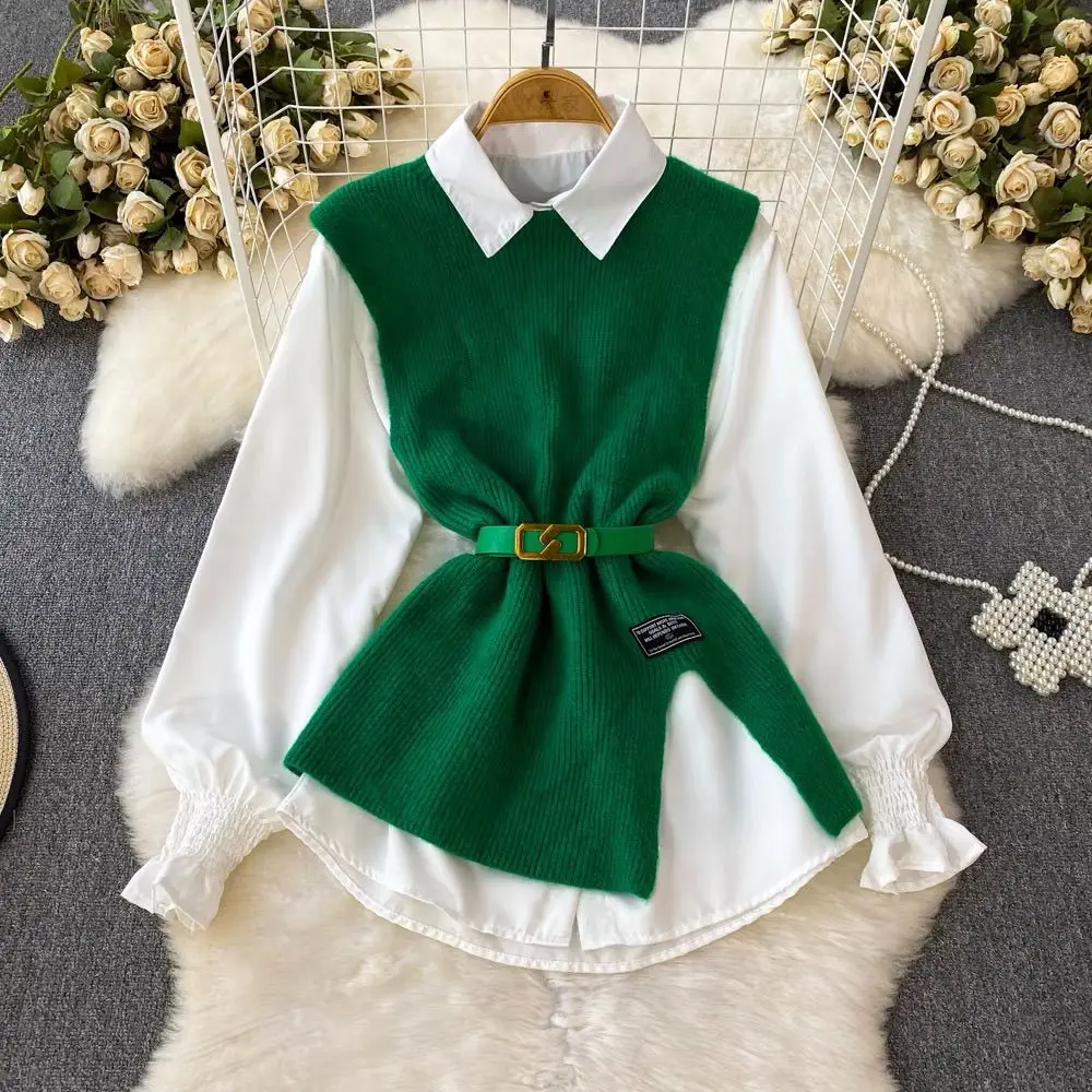 

Women's Autumn Winter Split Sweater Vest White Shirt Set Lady Fashion Flare Blouse Knit Tank Tops with Waistbelt Knitwear Female