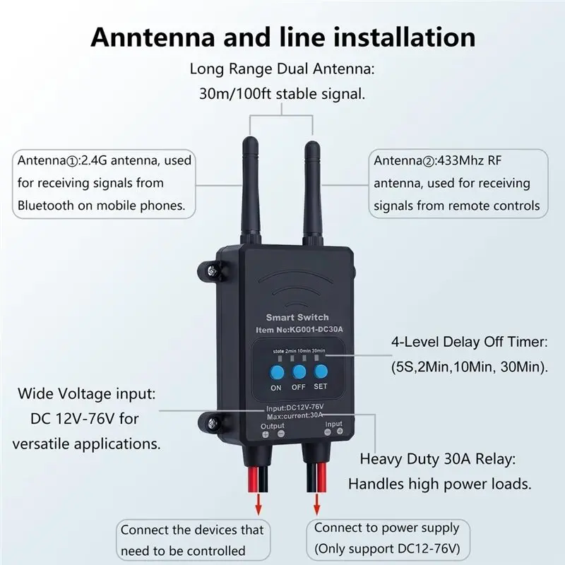 ABLN-Bluetooth Wireless Remote Control Switch With 30A Relay Module& Adjustable Delay Timer(5S/2Min/10Min/30Min), DC 12V-76V
