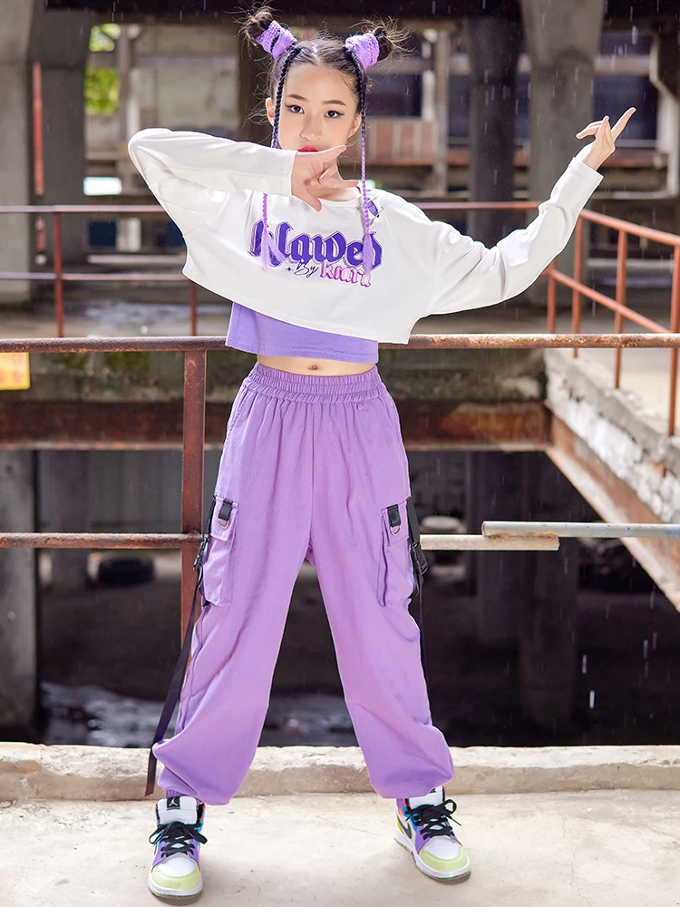 New Jazz Dance Costume Kids Hip Hop Clothes Girls White Crop Tops Purple Cargo Pants Long Sleeved K-pop Concert Show Wear BL9259