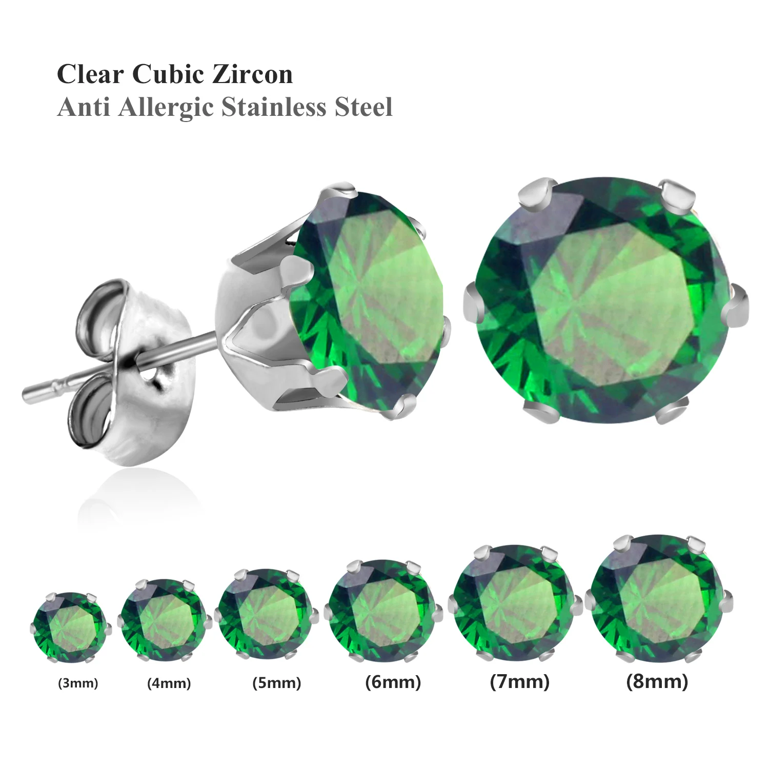 LUXUSTEEL 6 Pairs 3-8MM Green Zircon Crystal Stud Earring Set For Women Men Round Flower Colorful Rhinestone Piercing Earrings