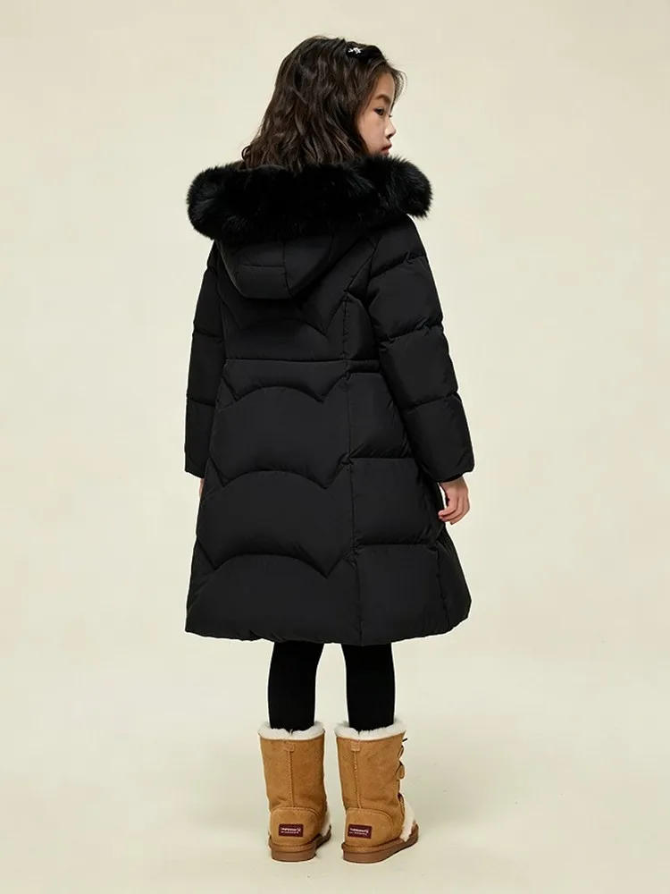 Langer Winter-Daunenmantel für Mädchen mit großer Kunstfellkapuze, Kinder-Taillengürtel, warme Pufferjacke für Mädchen, Schnee-Oberbekleidung A5107 – Detail 12