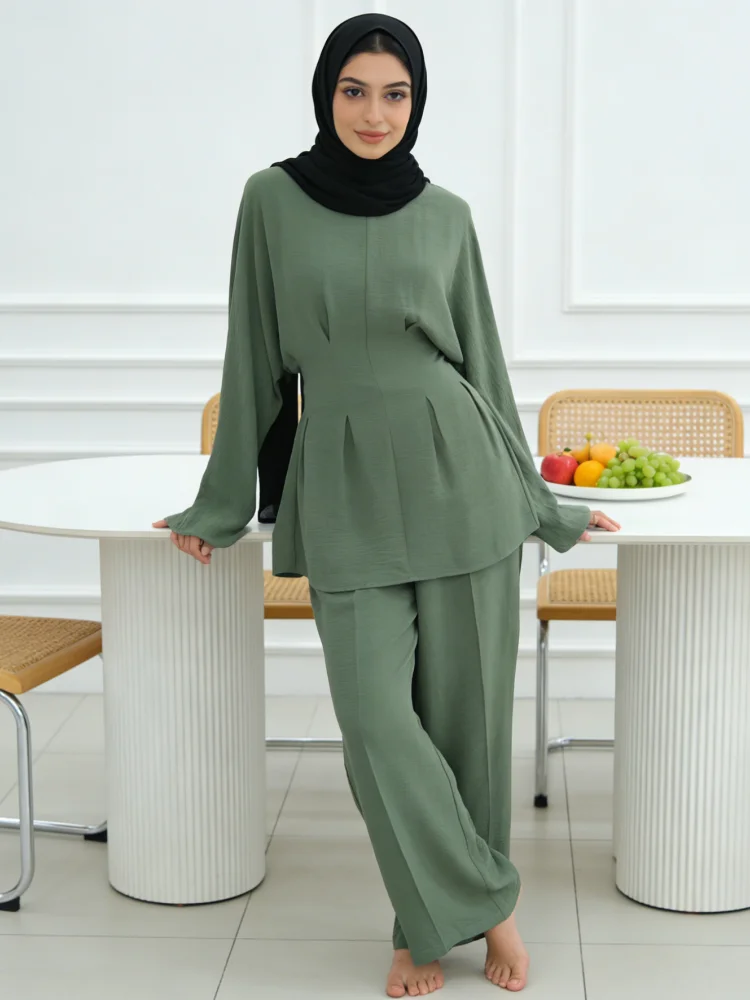 Eid Women Shirt and Straight Pant Muslim Sets 2 Piece Set Lace-up Ramadan Dubai Morocco Suits Musulman Ensembles Arab Long Pant