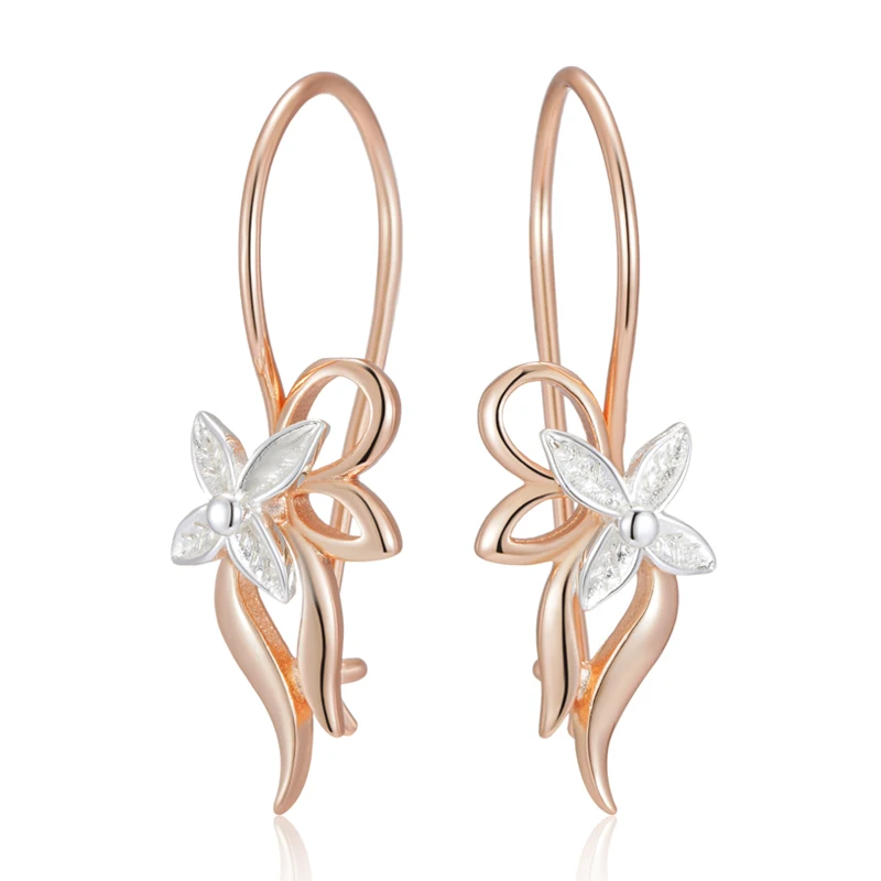 Kinel Hot Luxury Glossy Metal Flower Long Drop Earrings for Women 585 Rose Gold Silver Color Mix Daily Fine Vintage Jewelry