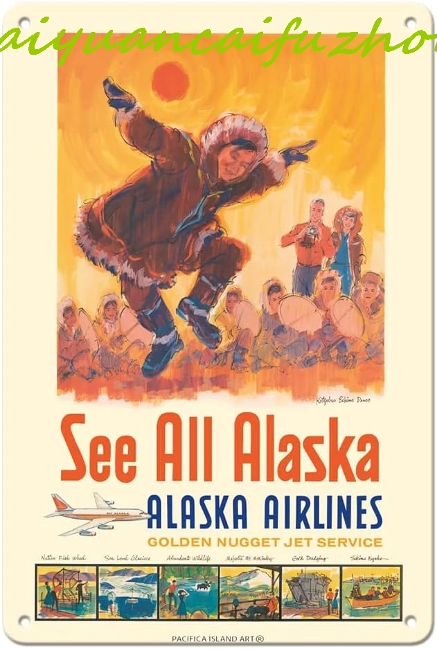Pacifica Island Art Ver All Alaska - Alaska Airlines - Kotzebue Eskimo Dance - Póster de viaje de aerolínea vintage de Jess C. c.1960s