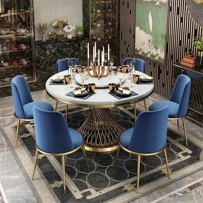 Designer Luxury round dinning Marble Rock Slab dining table set 6 chairs mesa comedor sillas furniture Stainless steel gold base