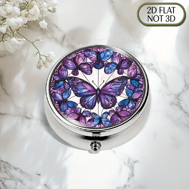 1 portable round metal pill box (white) with purple-blue lid - suitable for travel, daily use, storing medication and vitamins - ideal gift for graduates, flat design