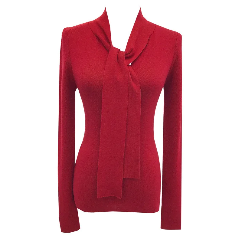 7761 Koreańska Atmosfera Kaszmirowy Jednolity Kolor Dekolt w Serek Wiązany Złoty Styl Sekretarki Wyszczuplający Sweter Dzianinowy Bielizna Damska