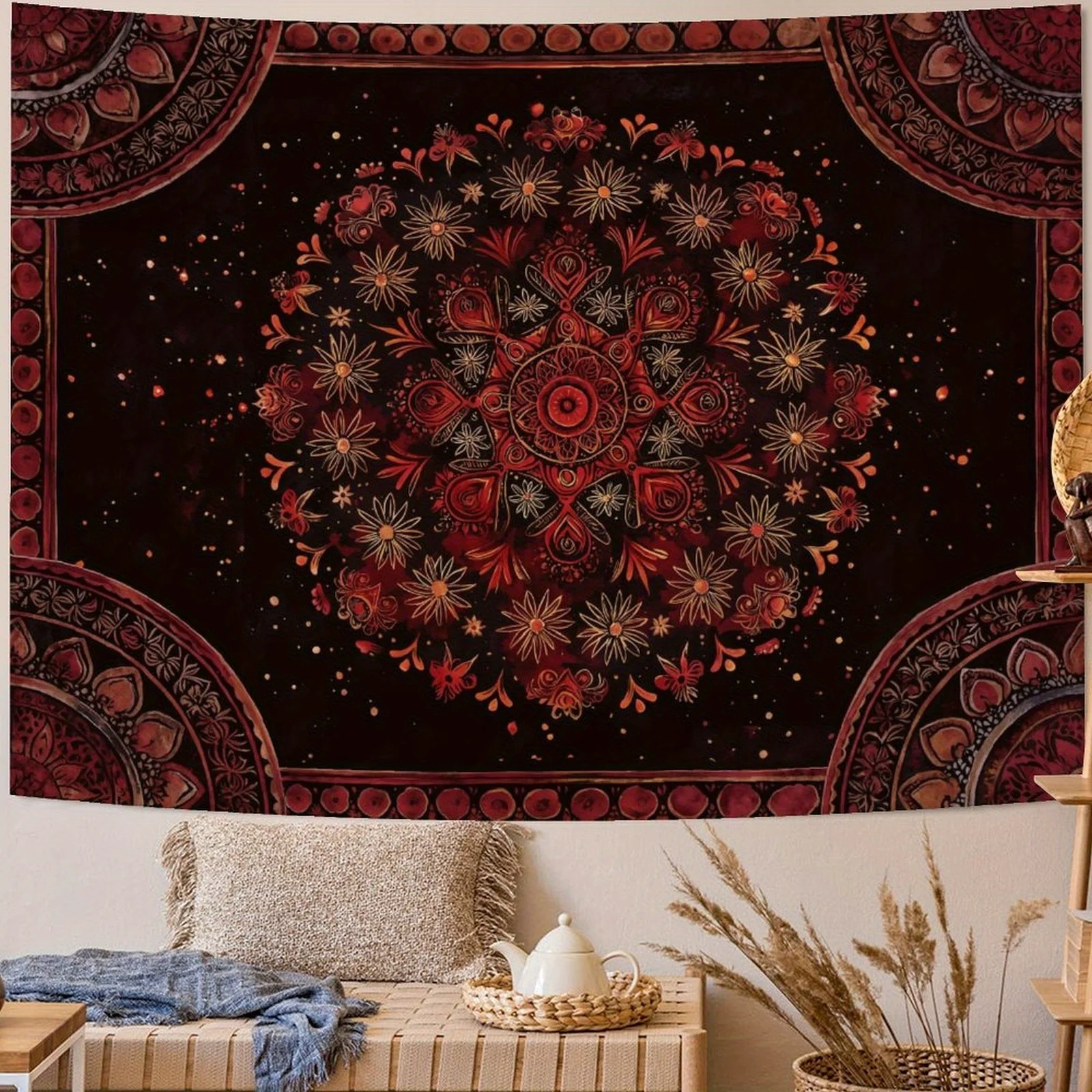 Boho Mandala Floral Tapestry Vintage Bohemian Indian Tapestries For Bedroom Aesthetic Retro Orange Yellow Flower Large Tapestry