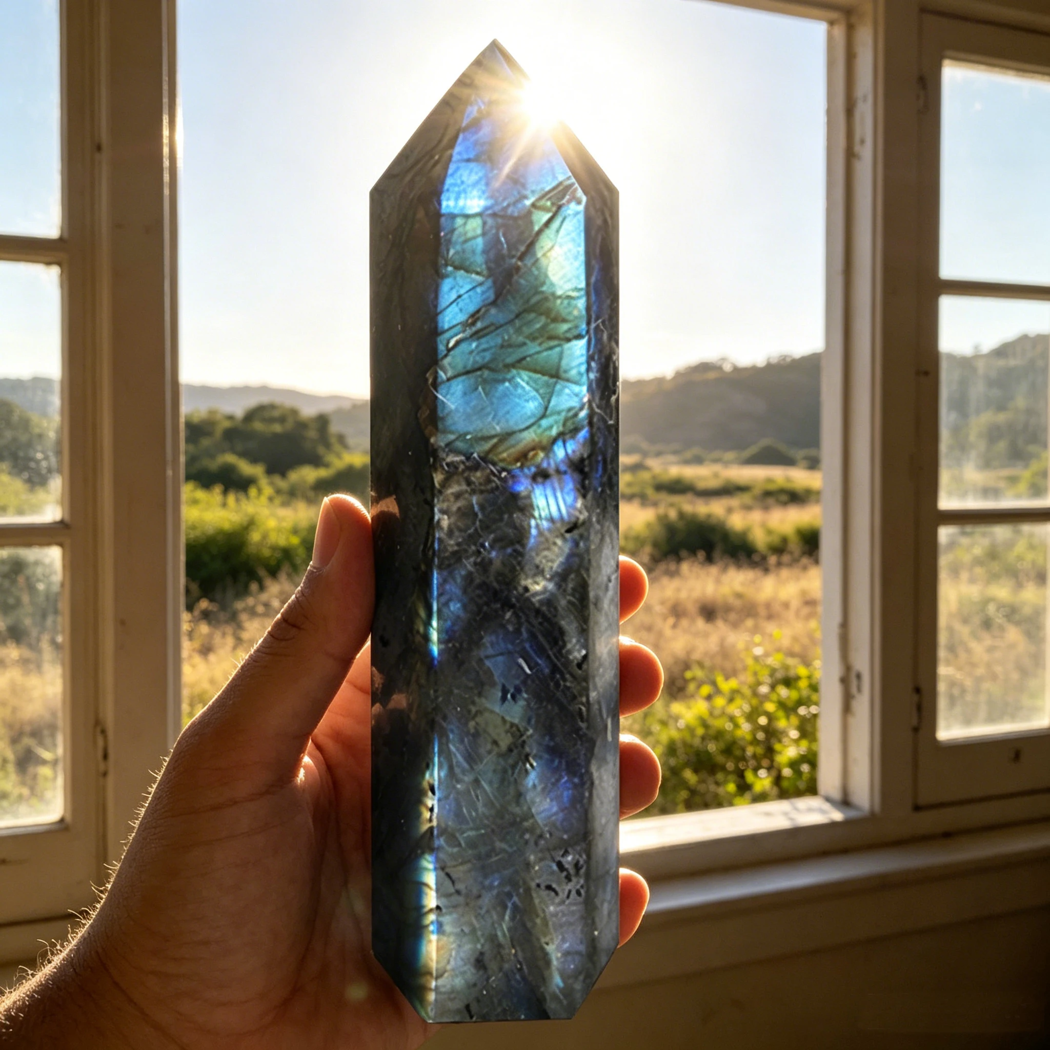 Natural Labradorite Crystal Obelisk Tower Point 6 Faceted Large Wand 8-17cm Aurora Flash Iridescent Labradorescence Hand Polished Dreamlike High Figurine Home Decor Desk Ornament Office Decor Room Decor Bedroom Decor Table Centerpiece Collectible Specimen
