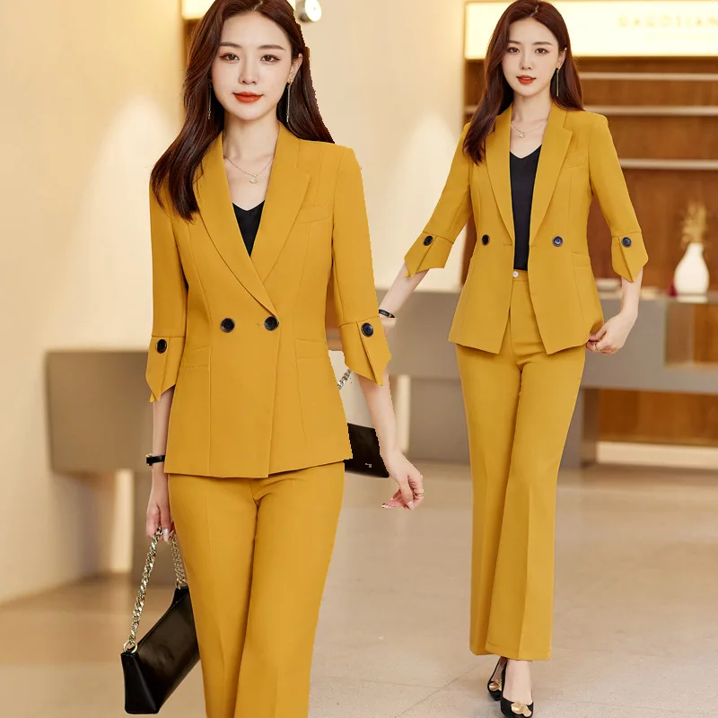 Yellow Suit Women's Fashion High Sense Temperament Goddess Style Business Clothing Suit Bell-Bottom Pants Two-Piece Summer