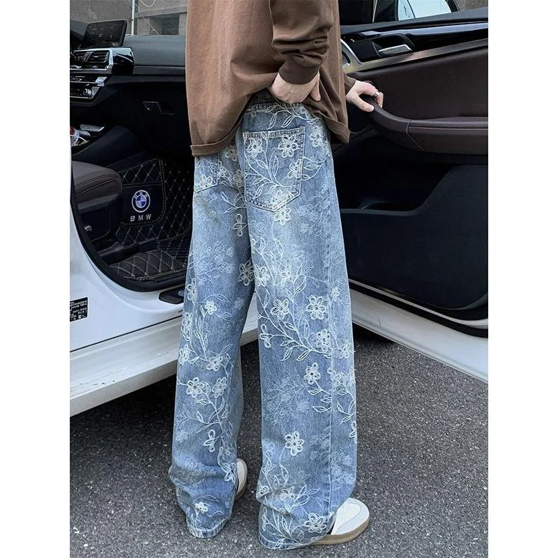 Light Blue Printed Denim Jeans Men's Fall Small Design Sense Flared Pants American Vibe Knife  Pants Standard Fit Jeans