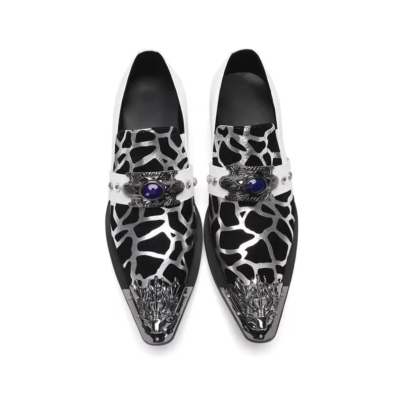 Genuine Leather Mixed Color Loafers for Men Handmade British Style Wedding Party Casual Dress Shoes Metal Pointed Toe Male Shoes