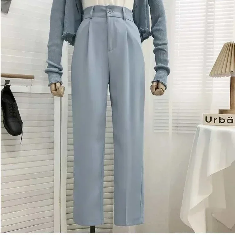 Fashion Elastic High Waist Pants Women 2025 Spring Casual Loose Straight Black Trouser Female Nine Points Suit Pant Streetwear
