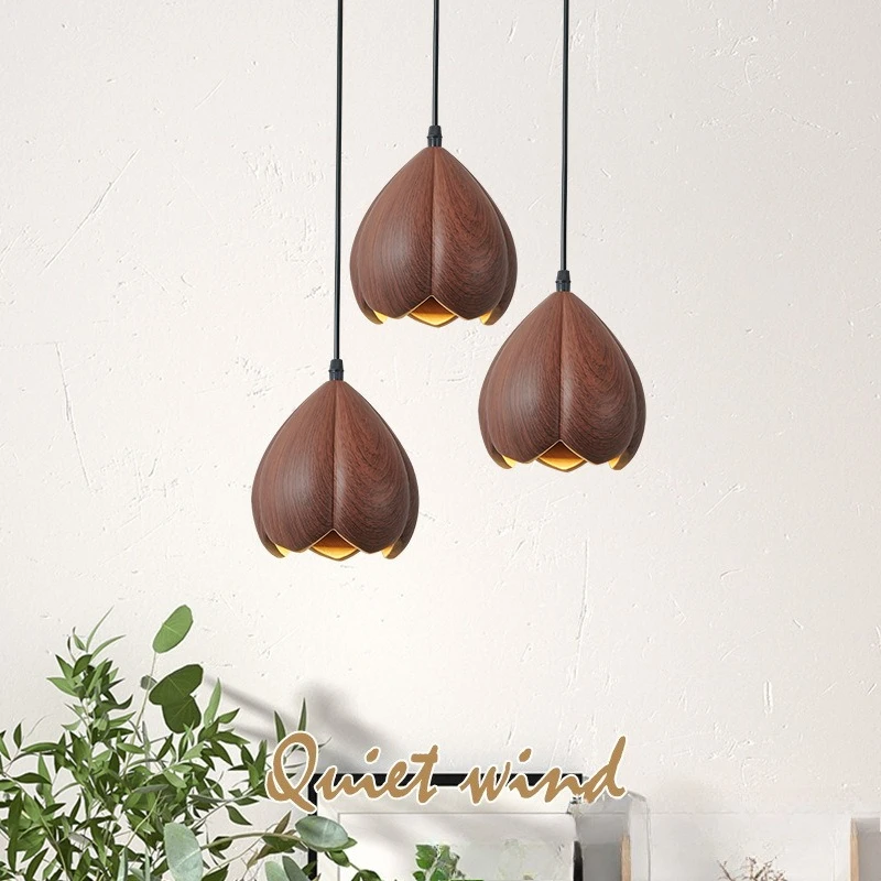 Walnut Wood Flower Bud Pendant Light LED Bedside Bedroom Lamp Living Room Dining Japanese Window Indoor Home Lighting Chandelier
