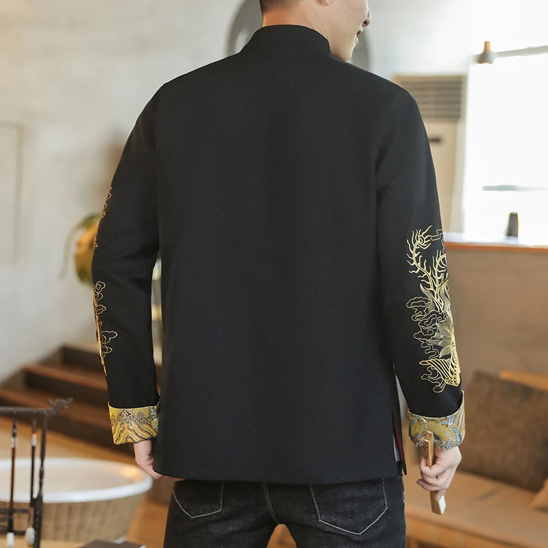 

Ele Embroidered Cotton Linen Jaet for Men with Button Design Traditional Chinese Sle Spring Autumn New Retro Dragon P...