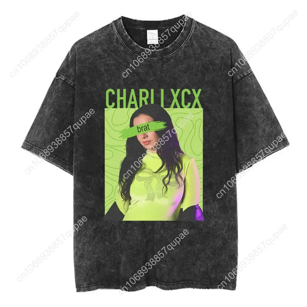 Charli Xcx Brat Tour Vintage Washed T Shirt Men's Women Clothing Fashion Harajuku T-shirt 100% Cotton Casual T-shirts Fans Gift
