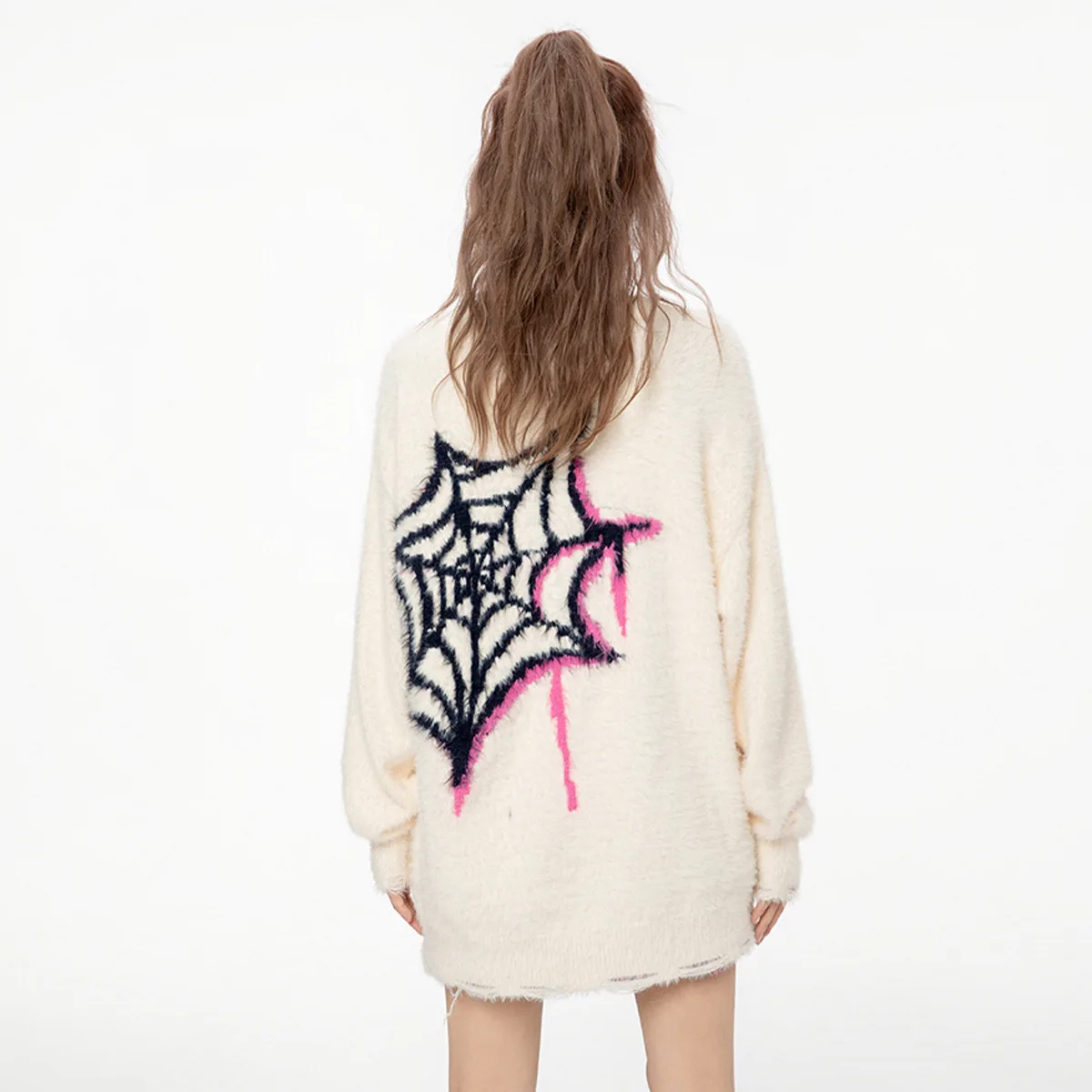 TIDEEKU American Autumn And Winter Mink Fur Imitation Spider Round Neck Pullover Loose Knit Sweater, Trendy Brand Women's