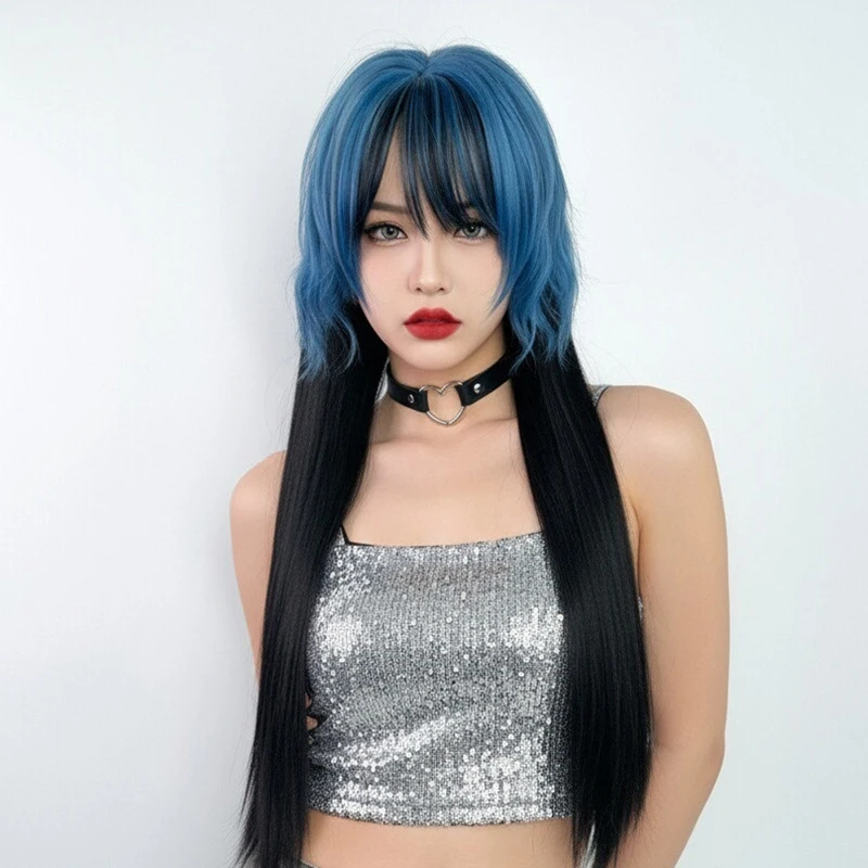 مقاومة للحرارة الاصطناعية لوليتا أسود أومبير الأزرق شعر مستعار للنساء الرجال نمط طويل مستقيم مع الانفجارات تأثيري ملابس يومية للحفلات #1