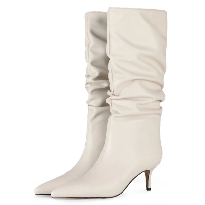 Sexy Heels Western Boots Fashion Pleated Knee High Boots Women Pointed Toe Red Beige Autumn Winter Party Shoes Female 2025