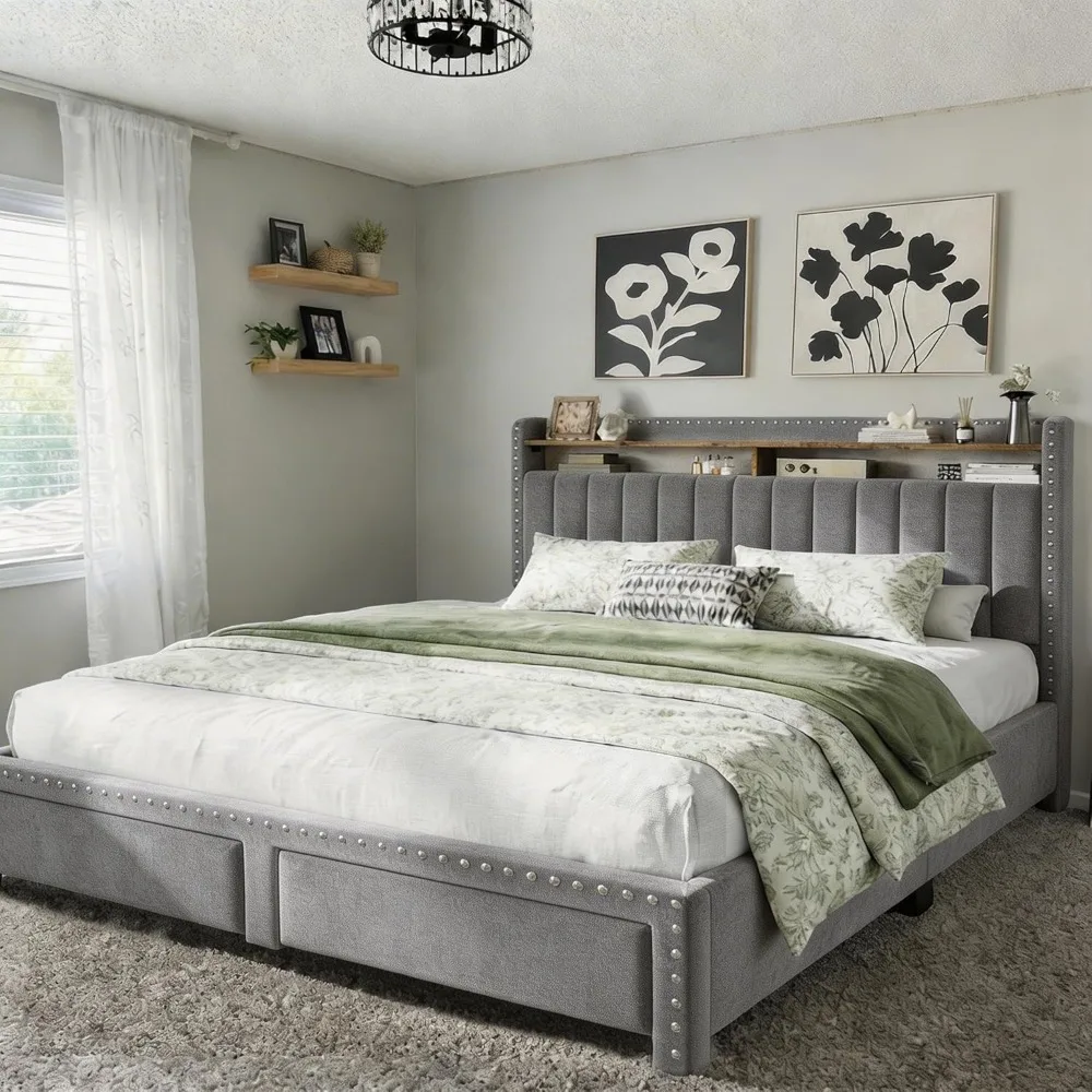 King Size Bed Frame with 2 Storage Drawers Upholstered Platform Bed Headboard Shelf Heavy Duty Grey No Box Spring
