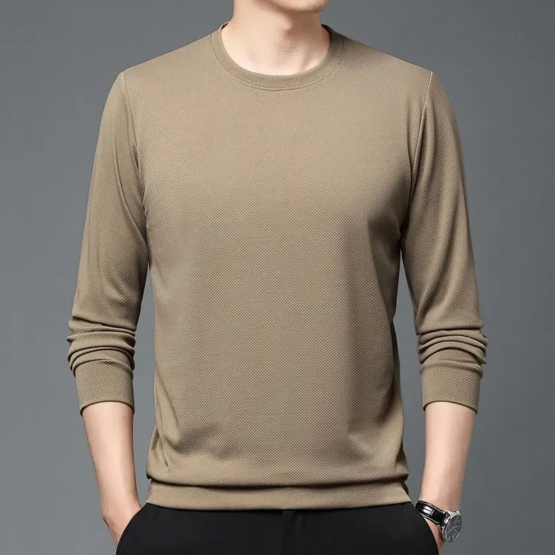 Men Long Sleeve T-Shirt Autumn Simplicity Solid Color O-neck Pullover Top Tee Men's Clothing All-match Loose Interior Lapping