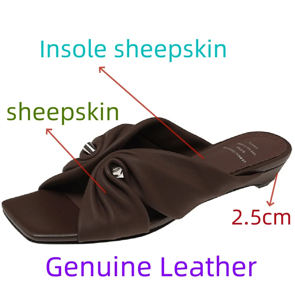 【JOCHEBED HU】Women's Handmade Sheepskin Cross Strap Sweet Bowtie Middle Heel Sandals Elegant Ladies High Quality Soft Comfort