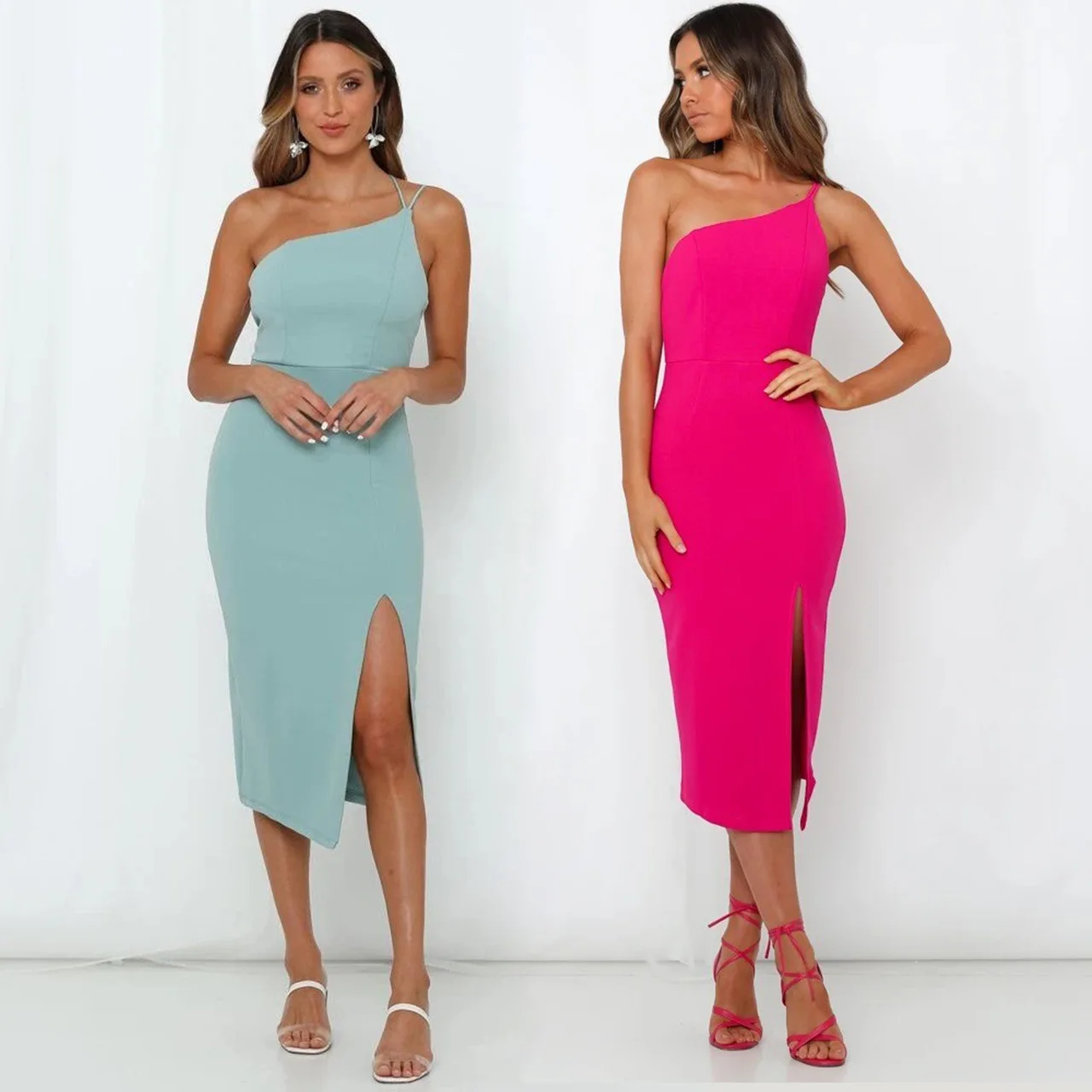 2025 봄/여름 새로운 오프 숄더 섹시한 가방 엉덩이 슬리밍 중간 길이 스트랩 드레스 8623