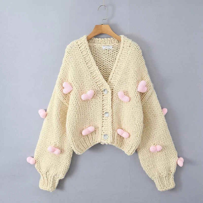 Maxdutti Handmade Pink Heart  Crochet Flower Knitted Cardigan Jacket Women Fashion Blogger Vintage Winter Coat