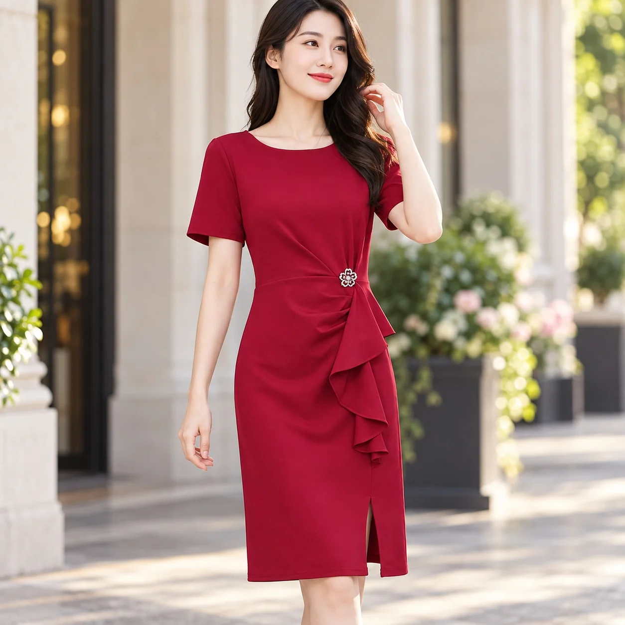 High Waist Short Sleeve Gown Bodycon Nameless Noblewoman with Ladylike Wrap Style Mid Length Pleated Dress for Women Summer