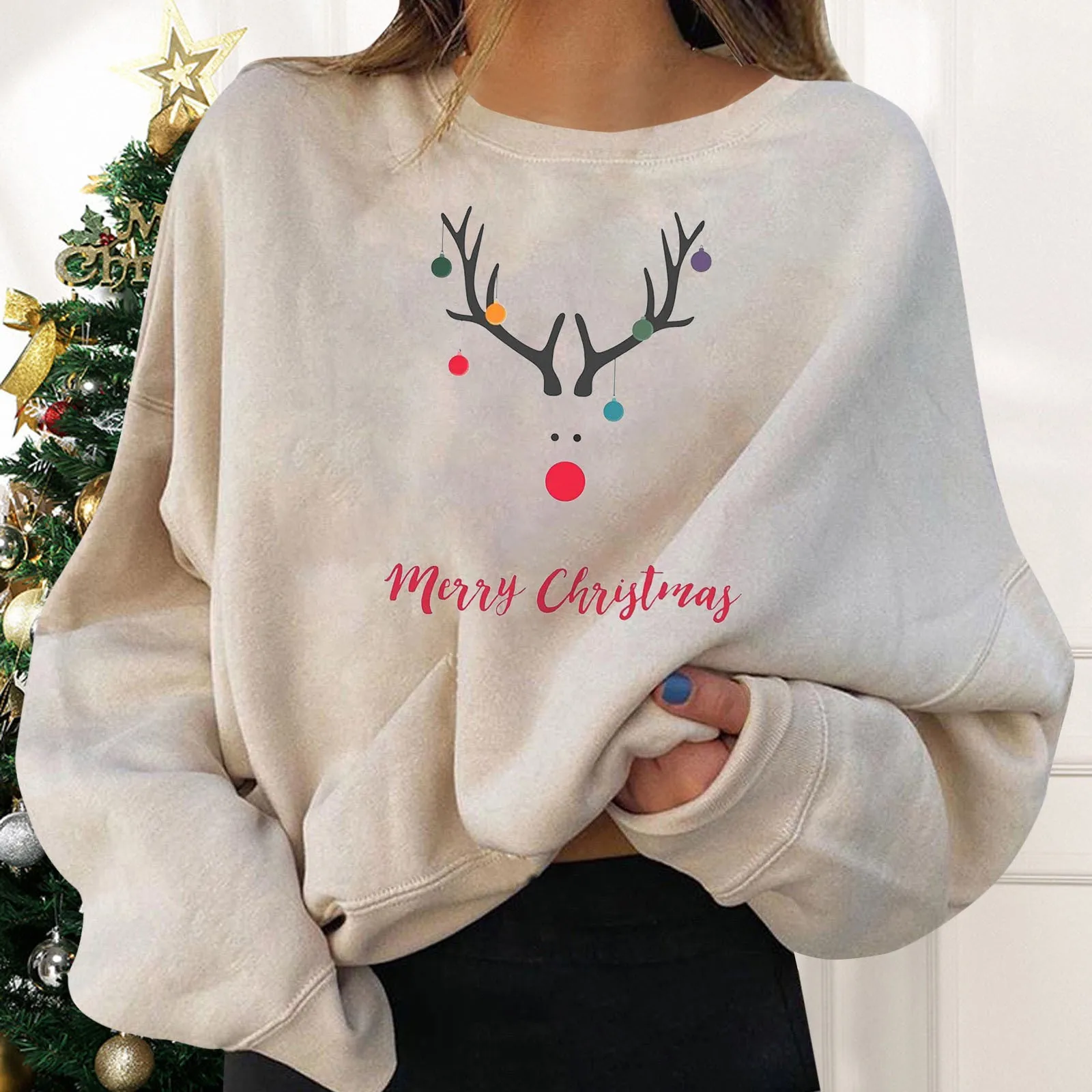 Solid Color Women Hoodies Oversize Christmas Elk Print Long Sleeve Print Sweatshirt Xmas Pullover Blouse Autumn Sweater Clothes