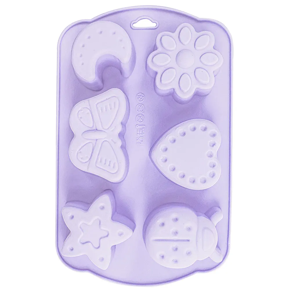 6-Cavity Mixed Shapes Silicone Mold Moon Star Butterfly Ladybug Heart Flower Chocolate Candy Jelly Molds Cake Decorating Tools