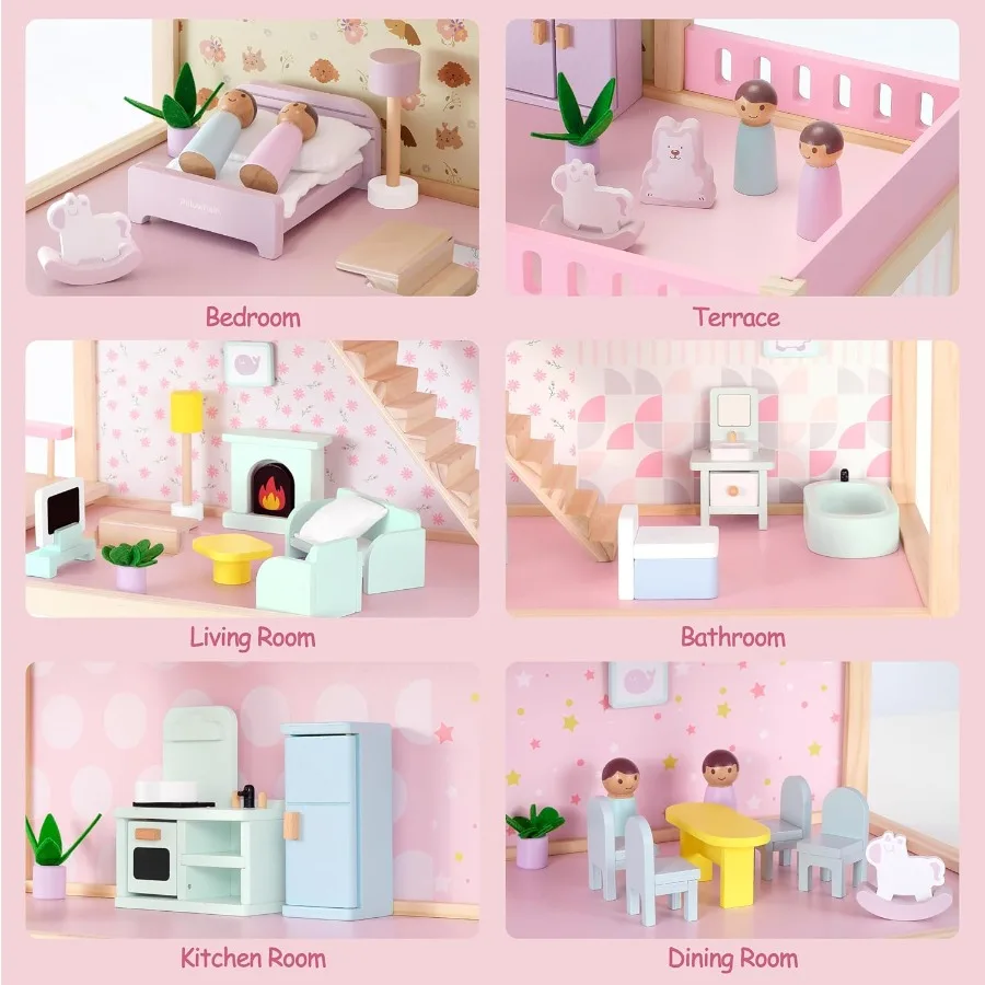Grande maison de poupée en bois rose, 7 pièces, 3 étages, avec 38 meubles et accessoires, balcon, jeu de simulation Montessori, cadeau pour
