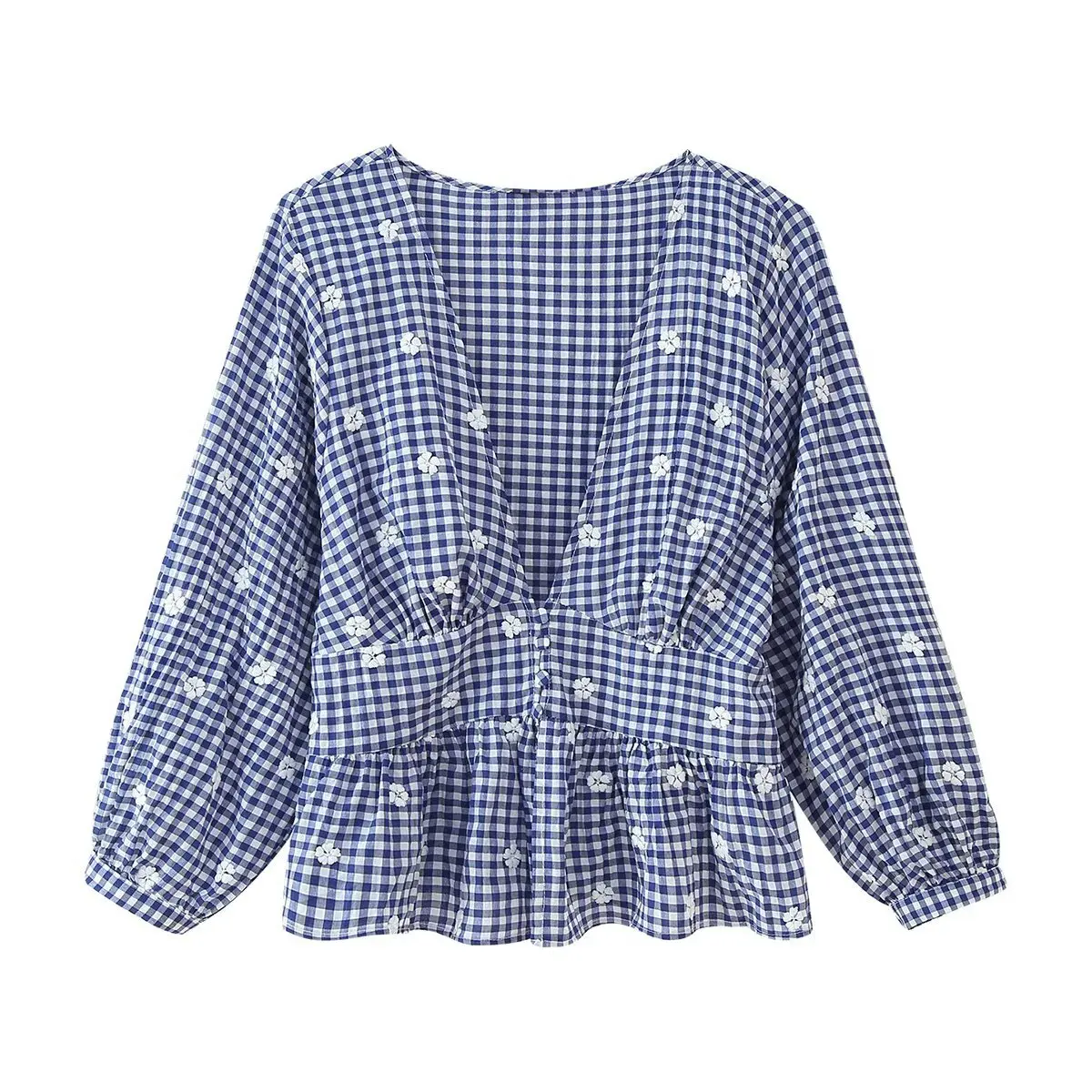 

2025 Holiday Style Spring And Summer Women's Shirt Blouse Long Sleeve Embroidered Blue Plaid Shirt Top